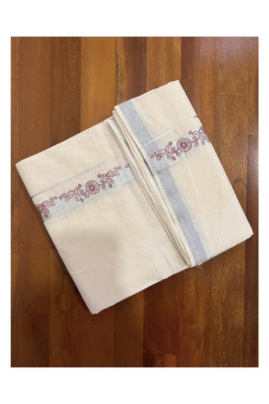 Off White Cotton Mundu with Floral Prints on Silver Kasavu Border (South Indian Dhoti)