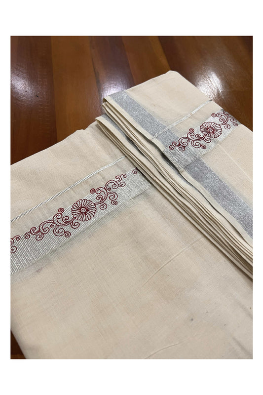 Off White Cotton Mundu with Floral Prints on Silver Kasavu Border (South Indian Dhoti)