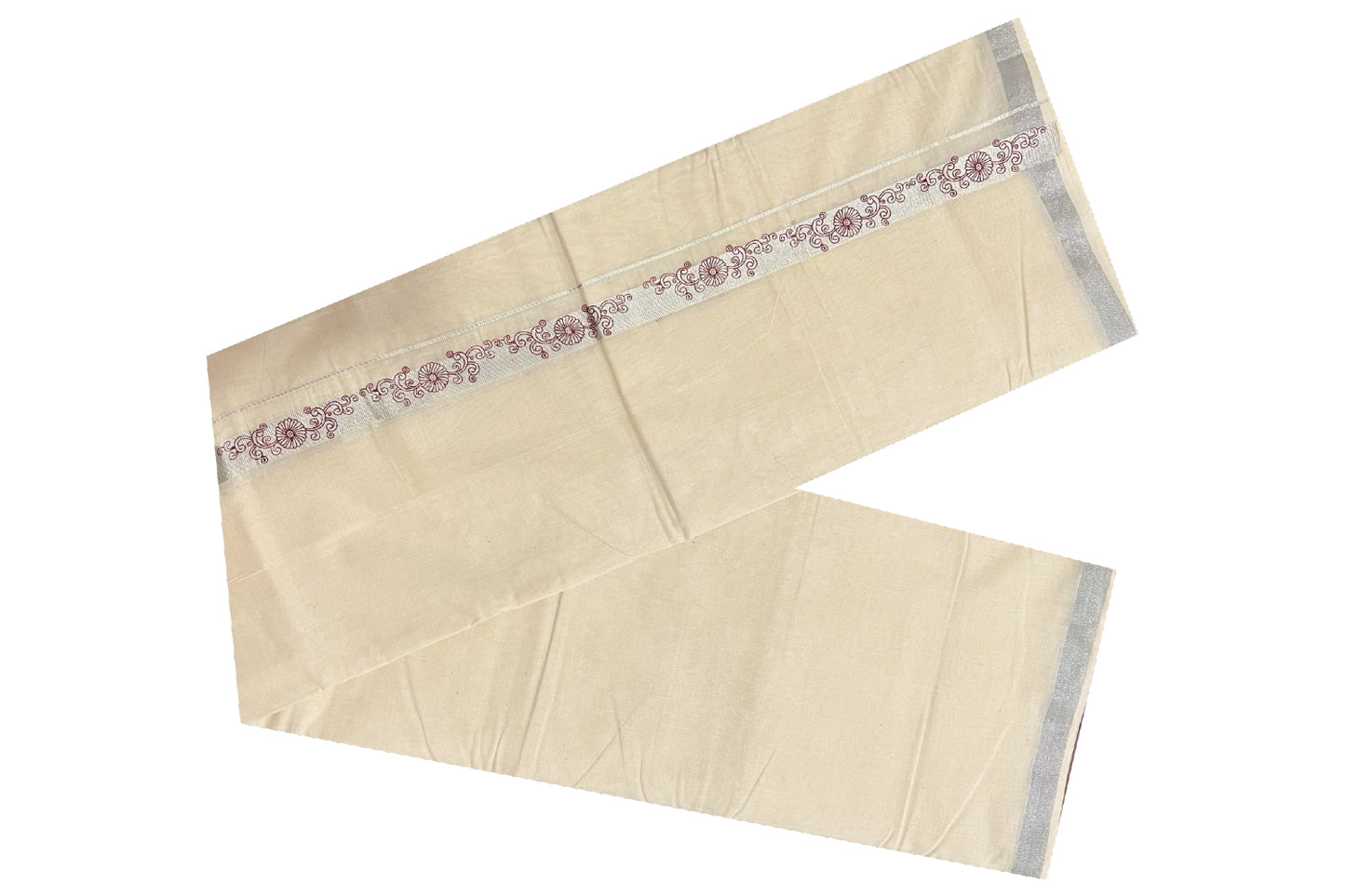 Off White Cotton Mundu with Floral Prints on Silver Kasavu Border (South Indian Dhoti)