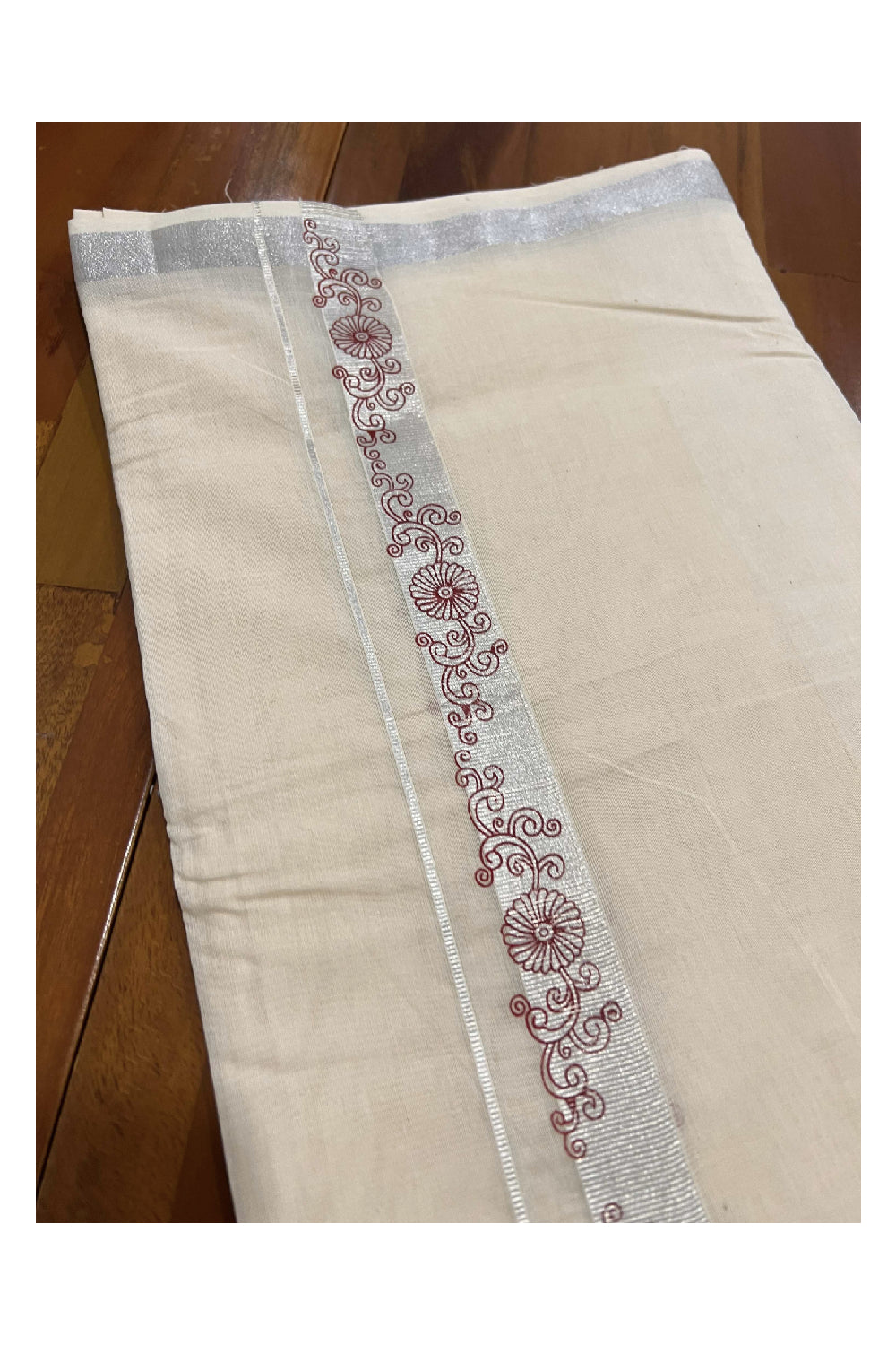 Off White Cotton Mundu with Floral Prints on Silver Kasavu Border (South Indian Dhoti)