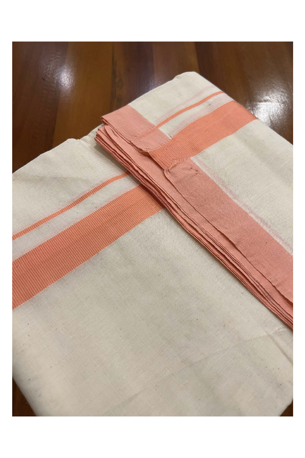 Off White Cotton Mundu with Peach Border (South Indian Dhoti)