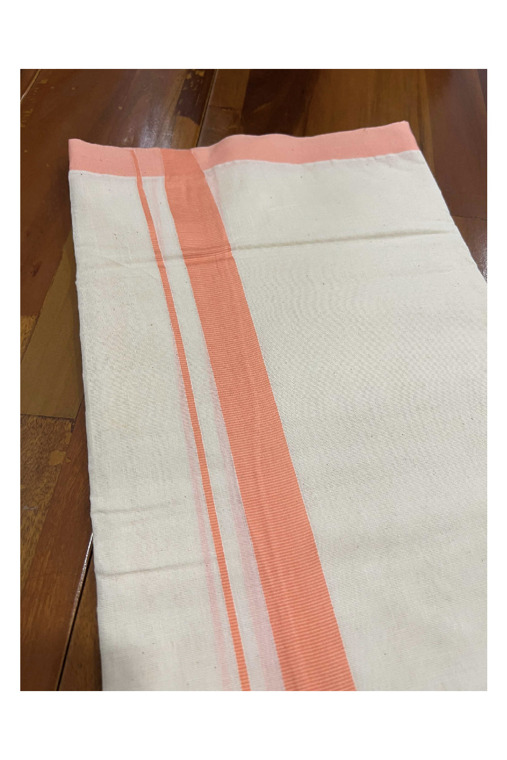 Off White Cotton Mundu with Peach Border (South Indian Dhoti)