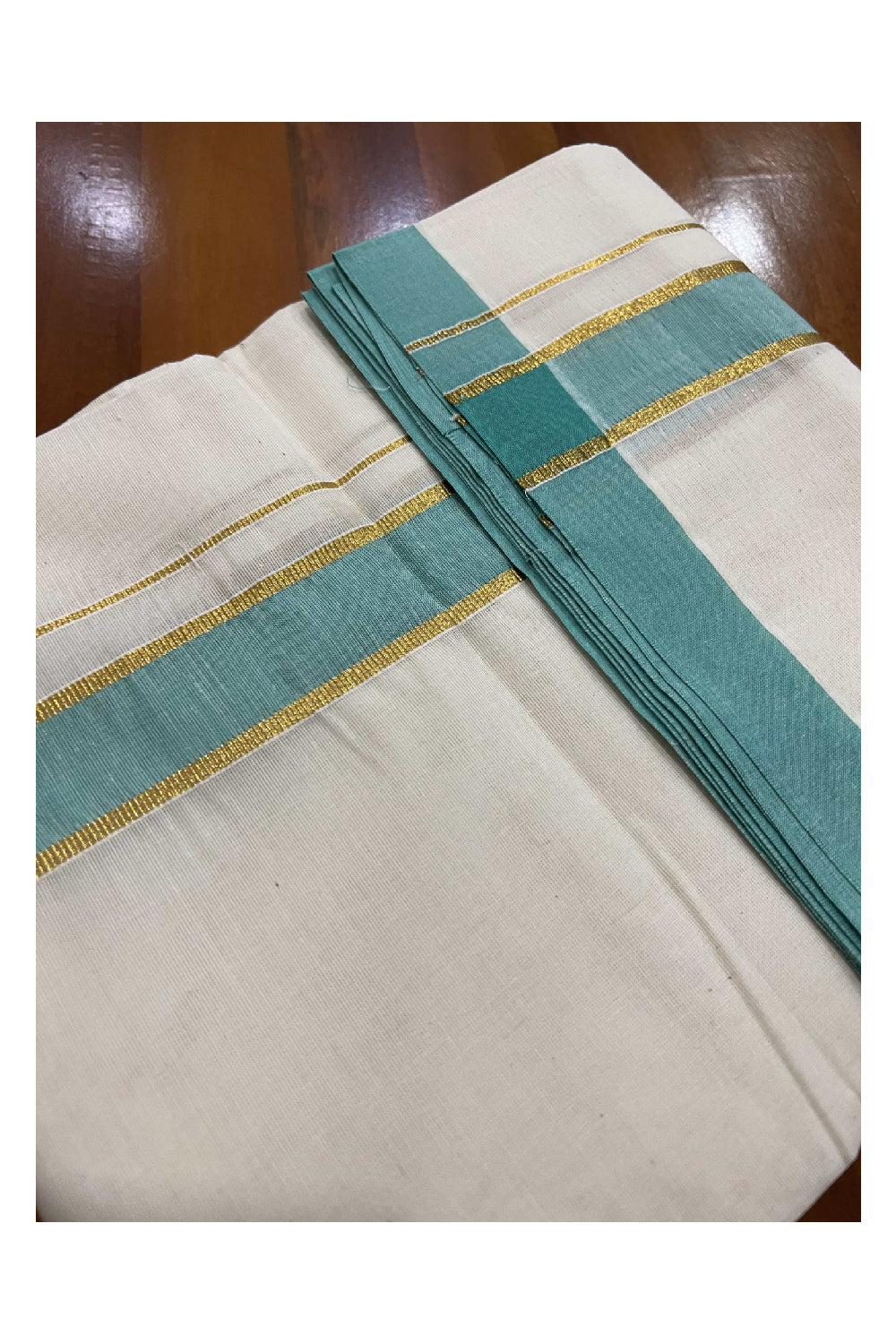 Off White Cotton Mundu with Green and Kasavu Border (South Indian Dhoti)