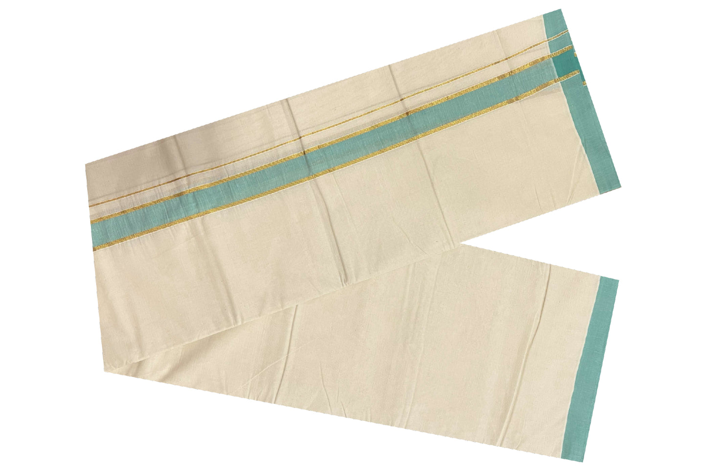 Off White Cotton Mundu with Green and Kasavu Border (South Indian Dhoti)