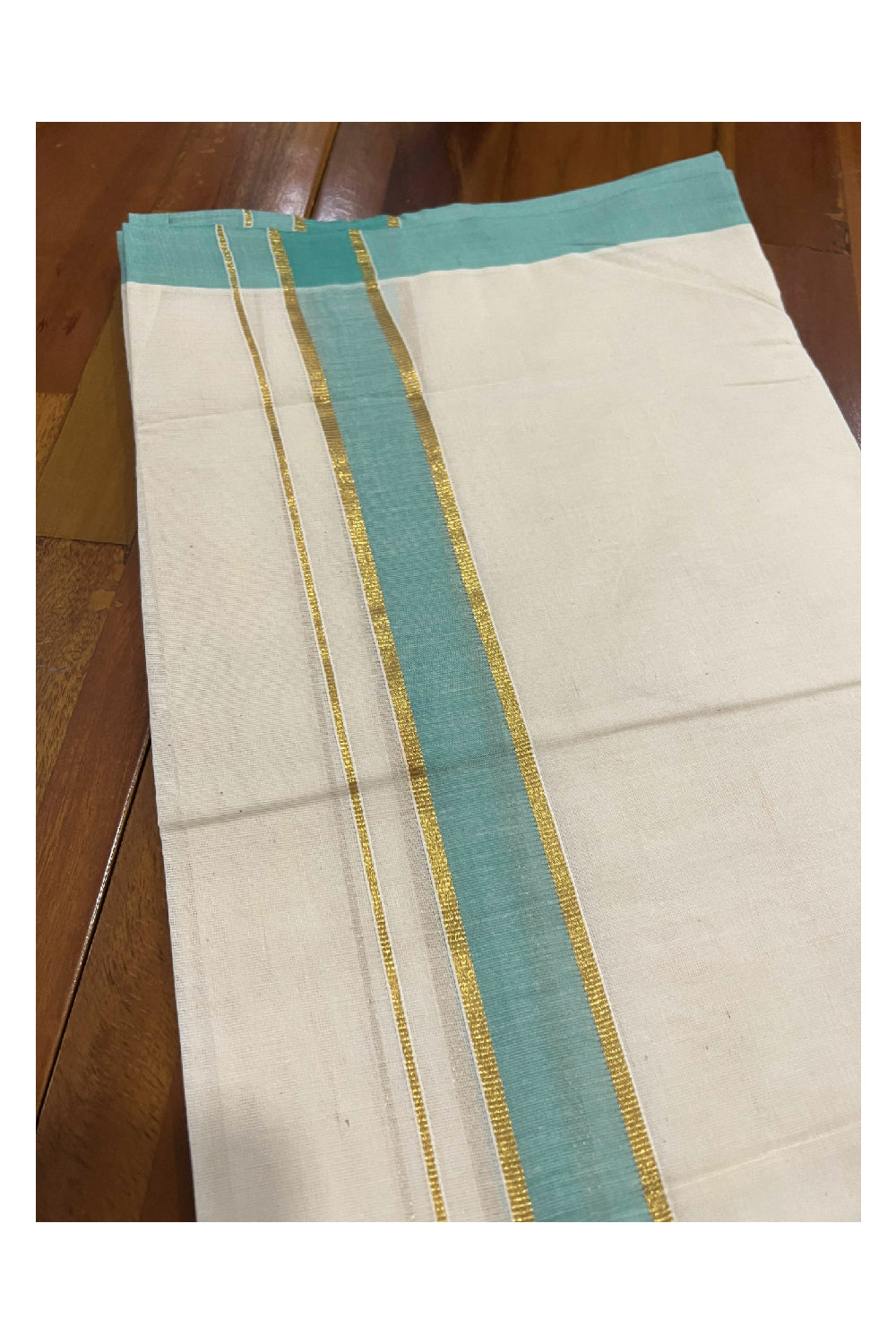 Off White Cotton Mundu with Green and Kasavu Border (South Indian Dhoti)