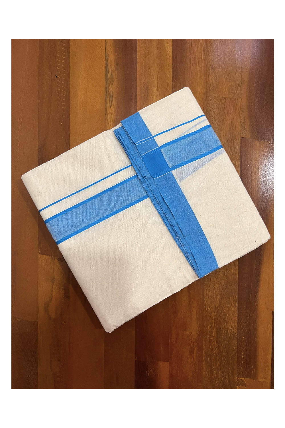 Off White Cotton Mundu with Blue Border (South Indian Dhoti)