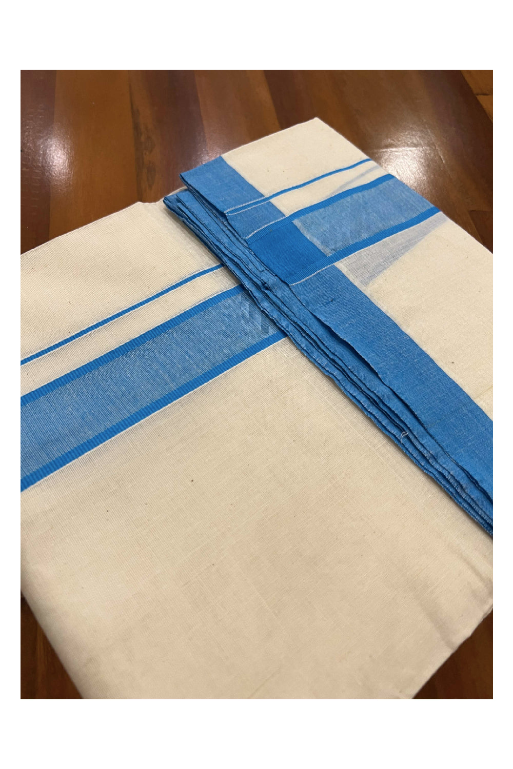 Off White Cotton Mundu with Blue Border (South Indian Dhoti)