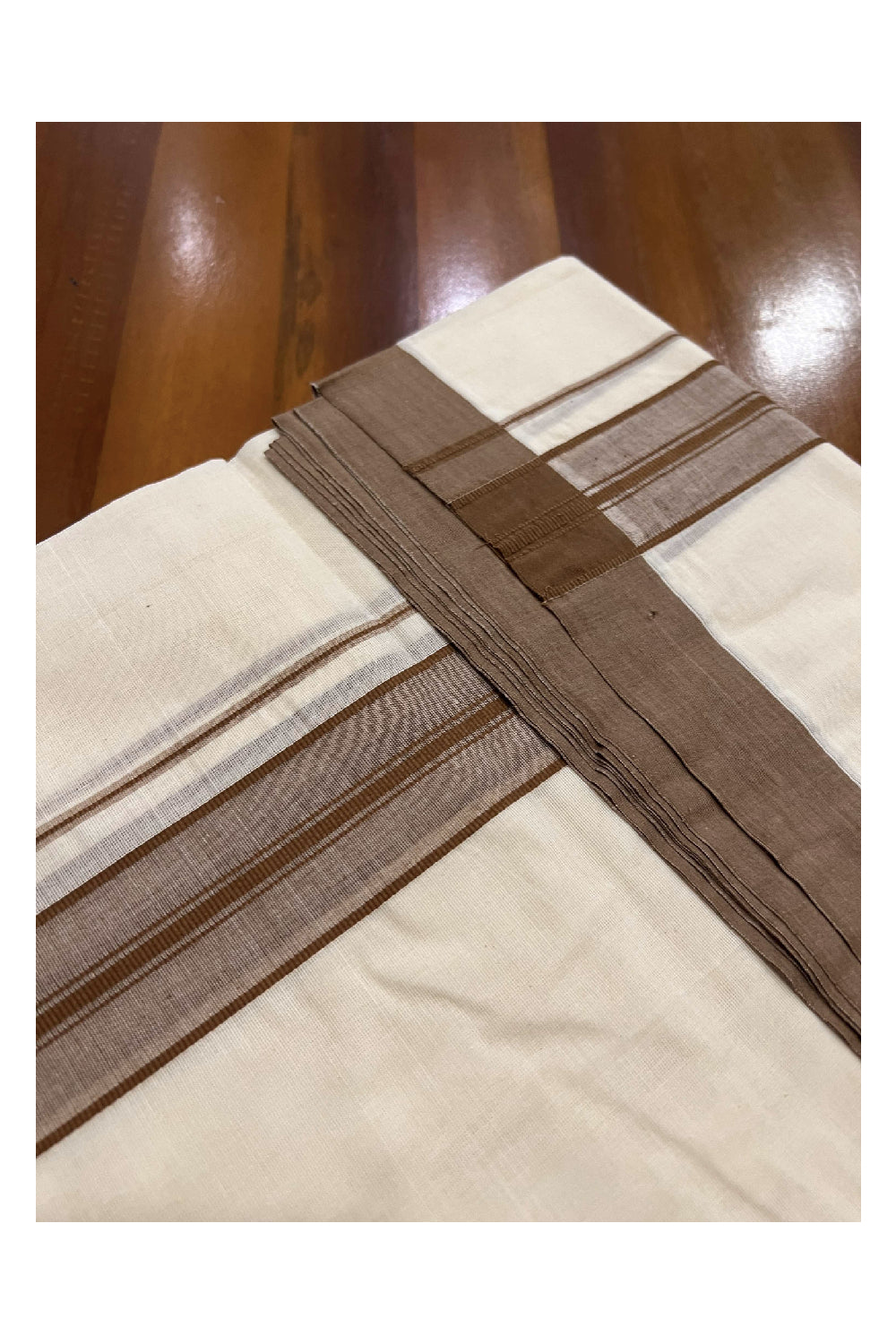 Off White Cotton Mundu with Brown Line Border (South Indian Dhoti)