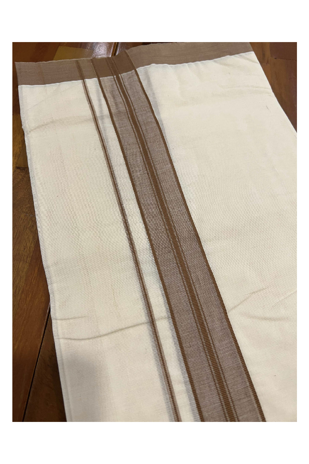 Off White Cotton Mundu with Brown Line Border (South Indian Dhoti)