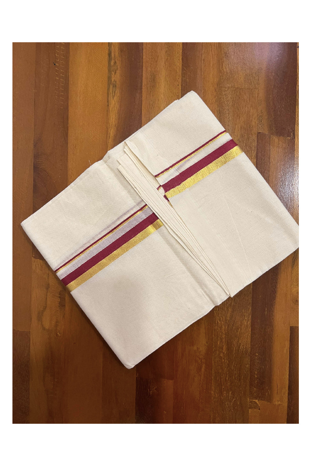 Off White Cotton Mundu with Maroon and Kasavu Border (South Indian Dhoti)