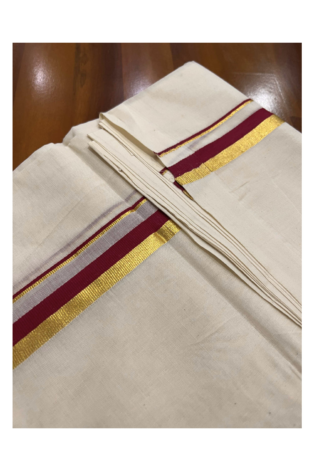 Off White Cotton Mundu with Maroon and Kasavu Border (South Indian Dhoti)