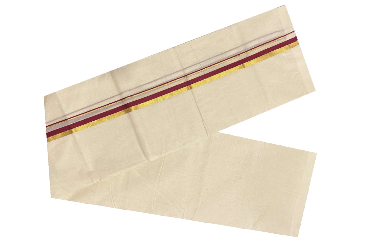 Off White Cotton Mundu with Maroon and Kasavu Border (South Indian Dhoti)