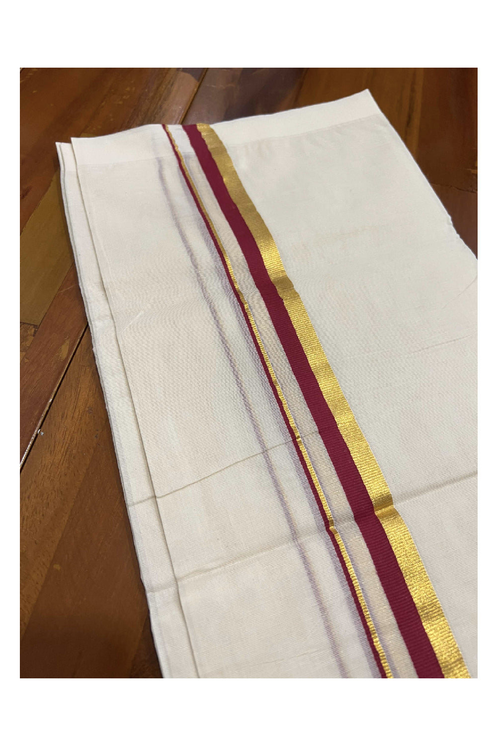 Off White Cotton Mundu with Maroon and Kasavu Border (South Indian Dhoti)