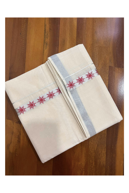 Off White Cotton Mundu with Maroon Prints on Silver Kasavu Border (South Indian Dhoti)