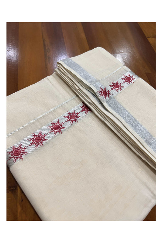 Off White Cotton Mundu with Maroon Prints on Silver Kasavu Border (South Indian Dhoti)