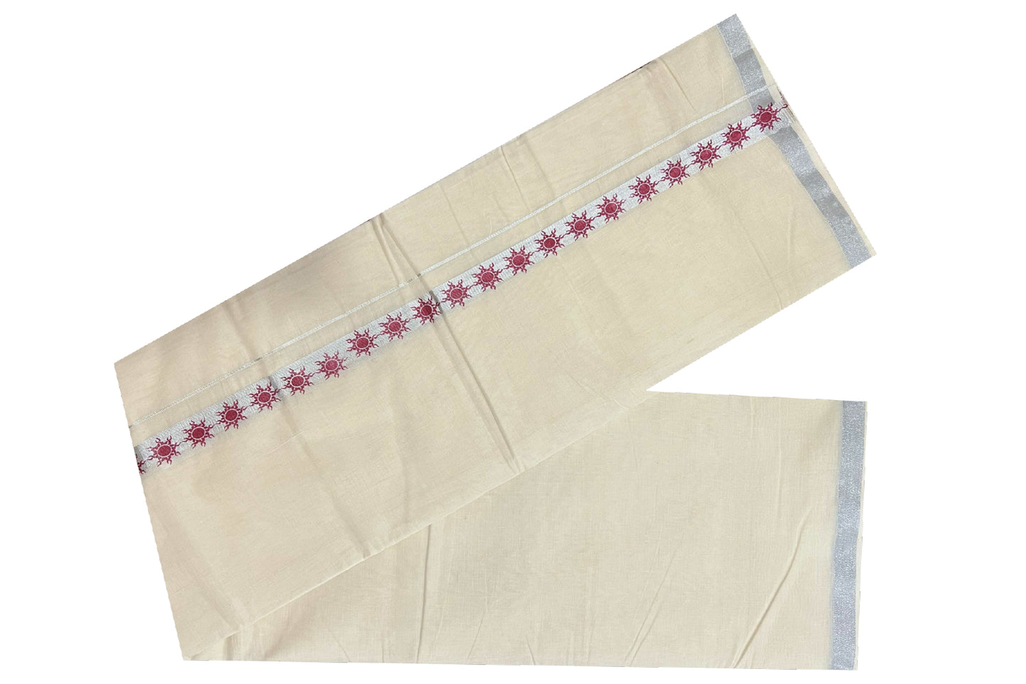 Off White Cotton Mundu with Maroon Prints on Silver Kasavu Border (South Indian Dhoti)