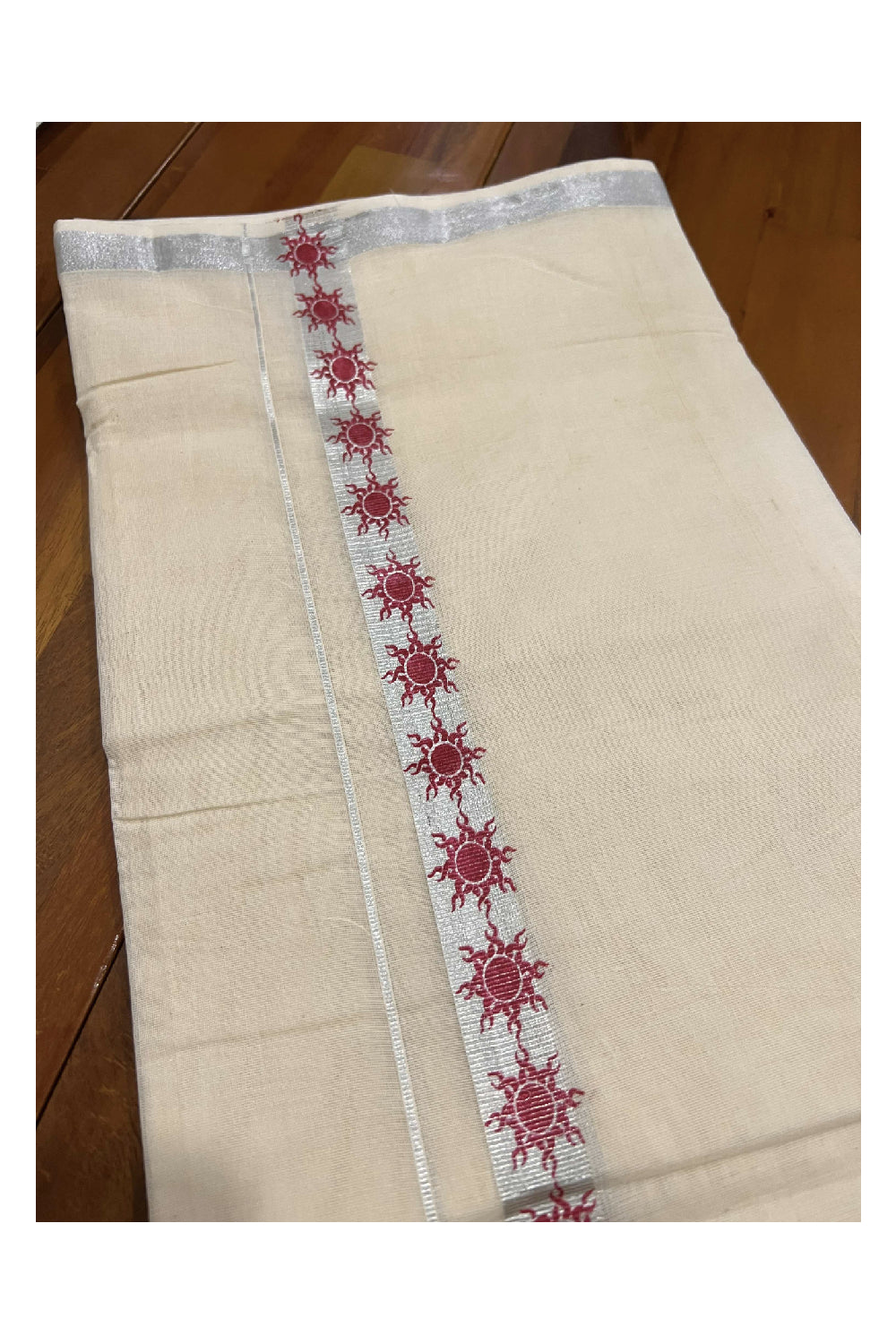 Off White Cotton Mundu with Maroon Prints on Silver Kasavu Border (South Indian Dhoti)