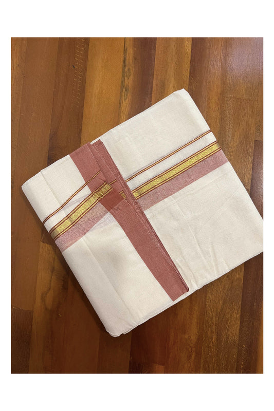 Off White Cotton Mundu with Brick Red and Kasavu Border (South Indian Dhoti)