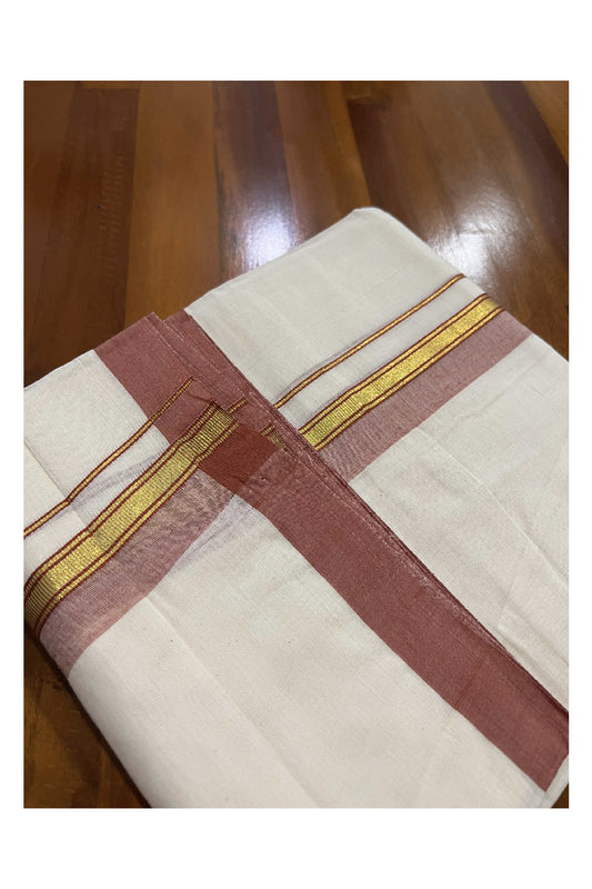 Off White Cotton Mundu with Brick Red and Kasavu Border (South Indian Dhoti)