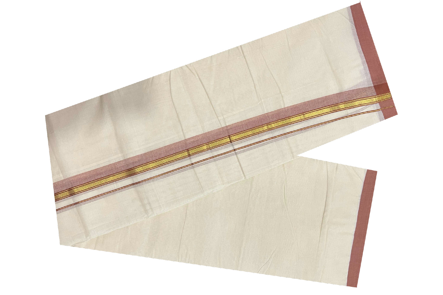 Off White Cotton Mundu with Brick Red and Kasavu Border (South Indian Dhoti)