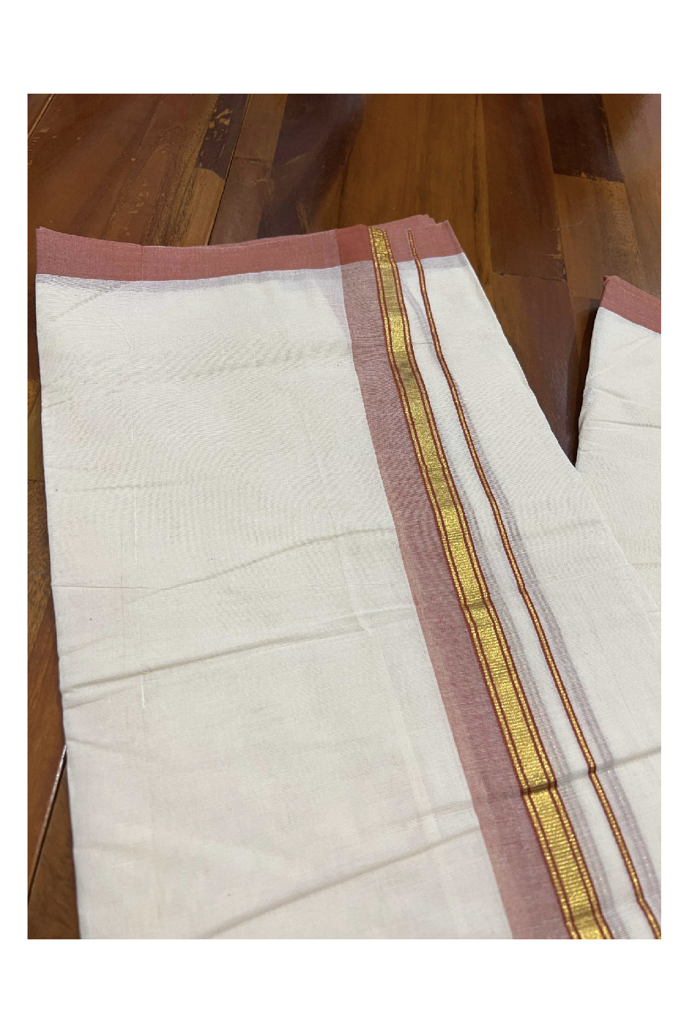 Off White Cotton Mundu with Brick Red and Kasavu Border (South Indian Dhoti)