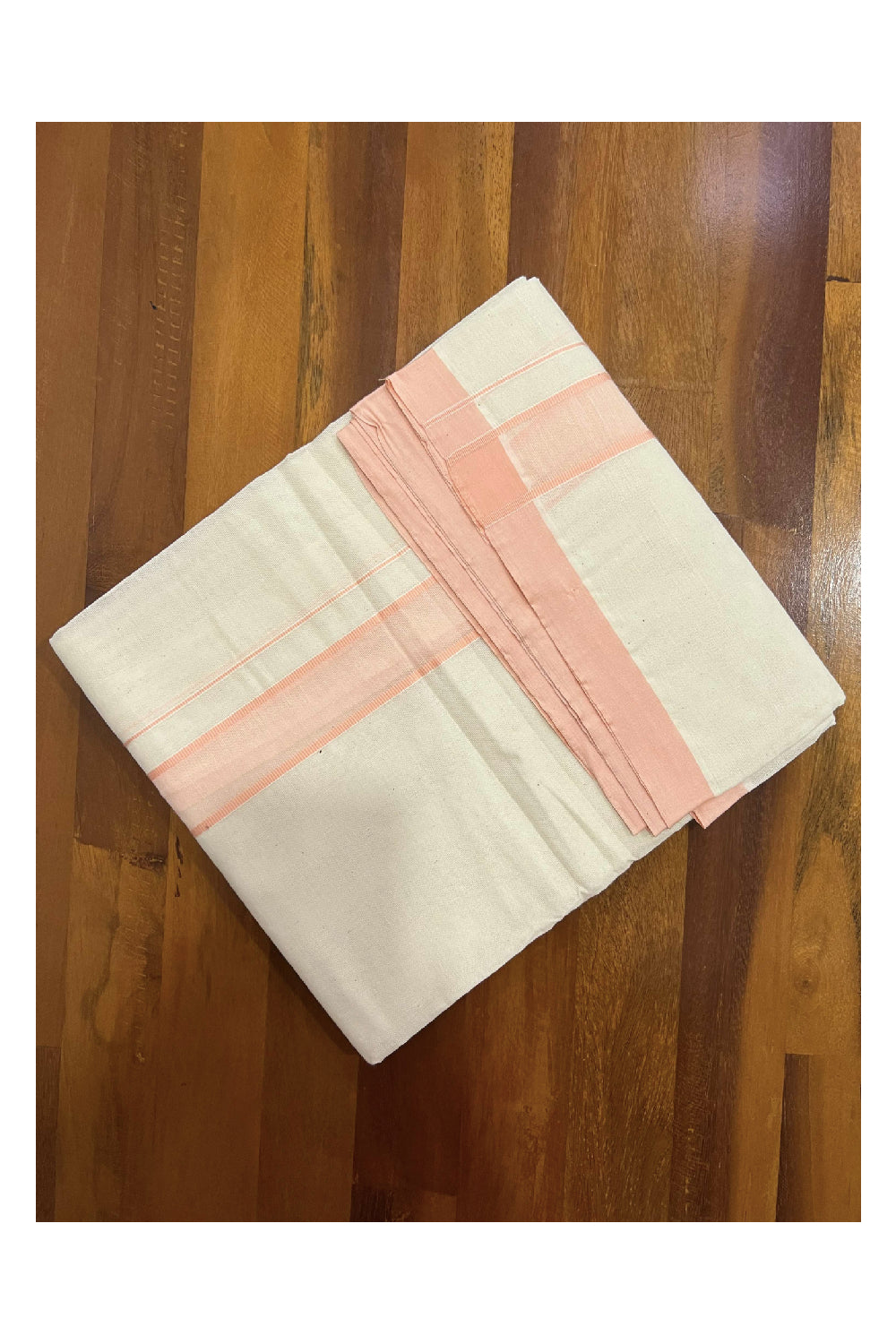 Off White Cotton Mundu with Peach Border (South Indian Dhoti)