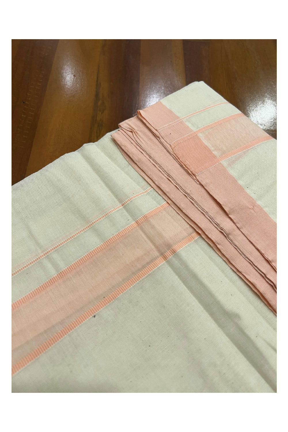 Off White Cotton Mundu with Peach Border (South Indian Dhoti)