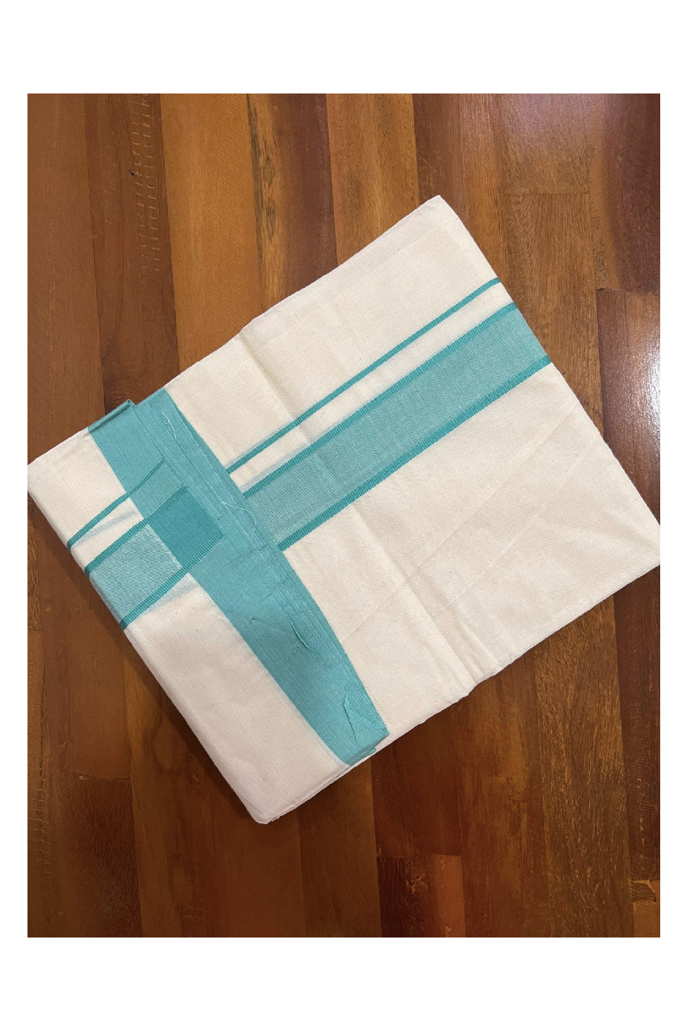 Off White Cotton Mundu with Turquoise Border (South Indian Dhoti)