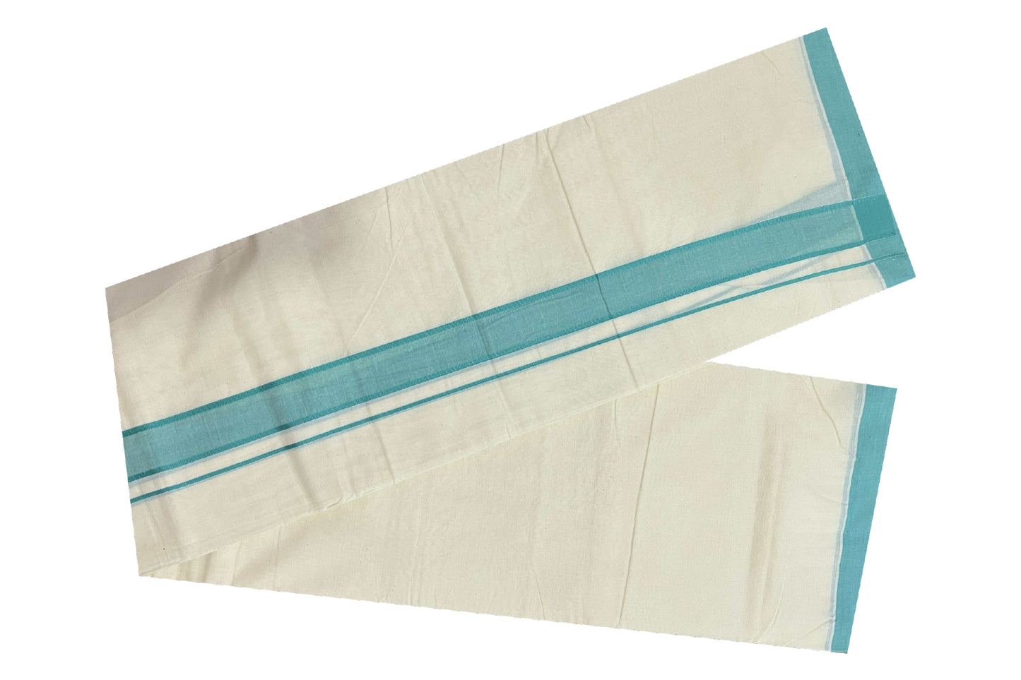 Off White Cotton Mundu with Turquoise Border (South Indian Dhoti)