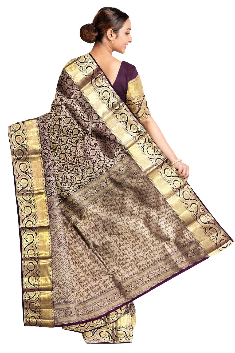 Southloom Double Warp Handloom Pure Silk Kanchipuram Purple Manthrakodi Saree with Kasavu Woven Works