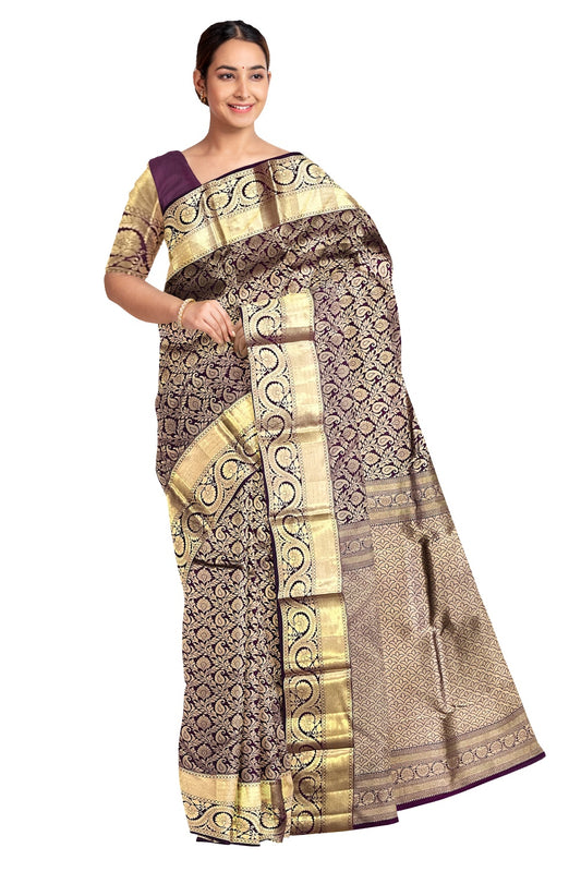 Southloom Double Warp Handloom Pure Silk Kanchipuram Purple Manthrakodi Saree with Kasavu Woven Works