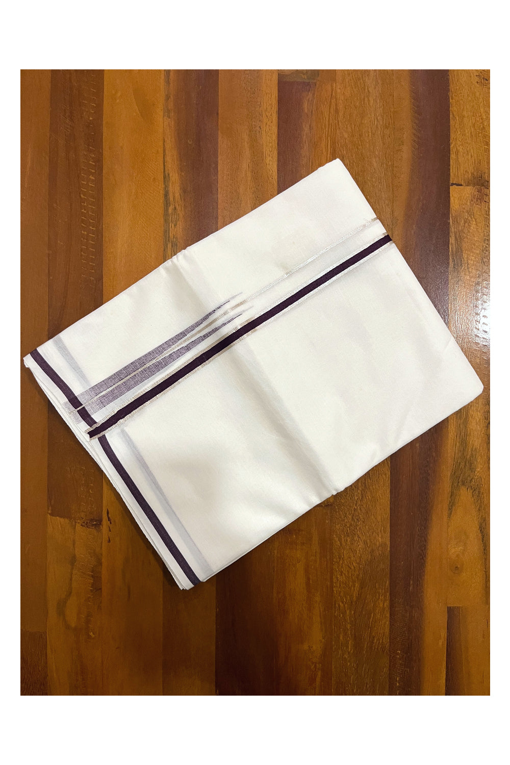 Pure White Cotton Double Mundu with Silver Kasavu and Dark Brown Chutti Border (South Indian Dhoti)