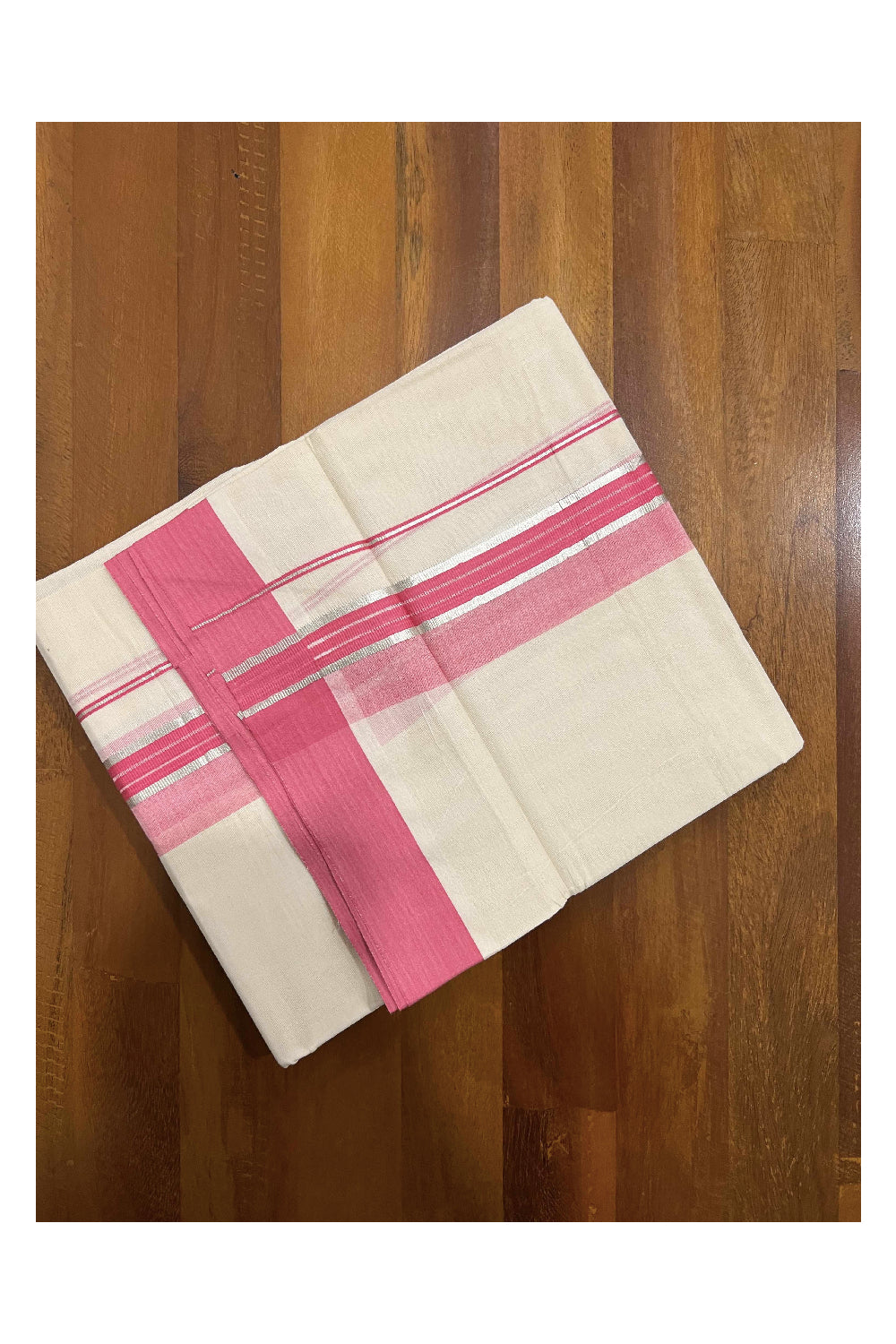 Off White Kerala Double Mundu with Silver Kasavu and Pink Border (South Indian Dhoti)