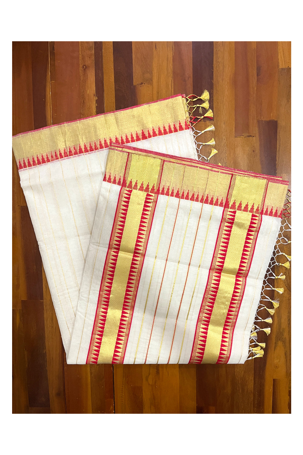 Southloom™ Balaramapuram Unakkupaavu Handloom Lines Kasavu Saree with Red Temple Border