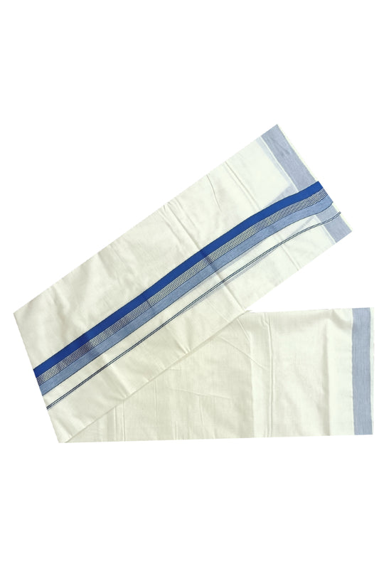 Off White Kerala Double Mundu with Silver Kasavu and Blue Kara (South Indian Dhoti)