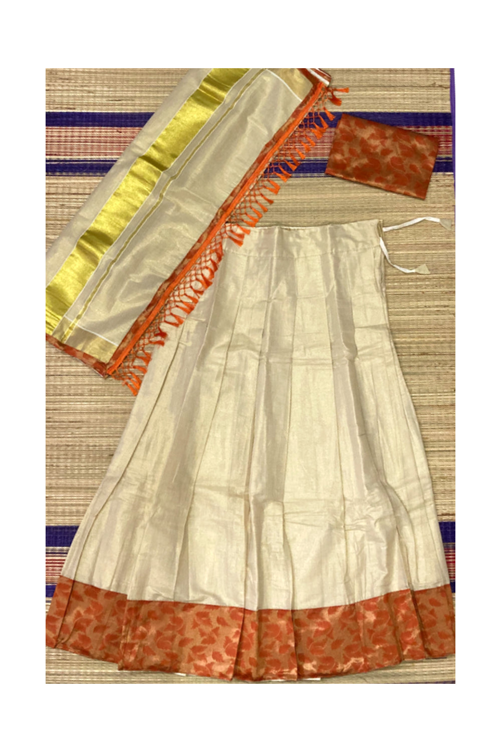 Kerala Tissue Semi Stitched Dhavani Set with Orange Designer Blouse Piece