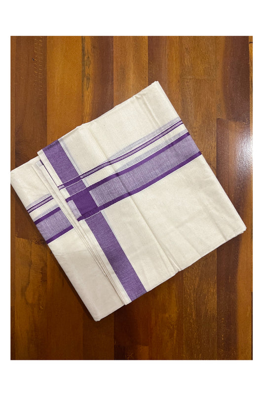 Off White Pure Cotton Double Mundu with Violet Border (South Indian Dhoti)