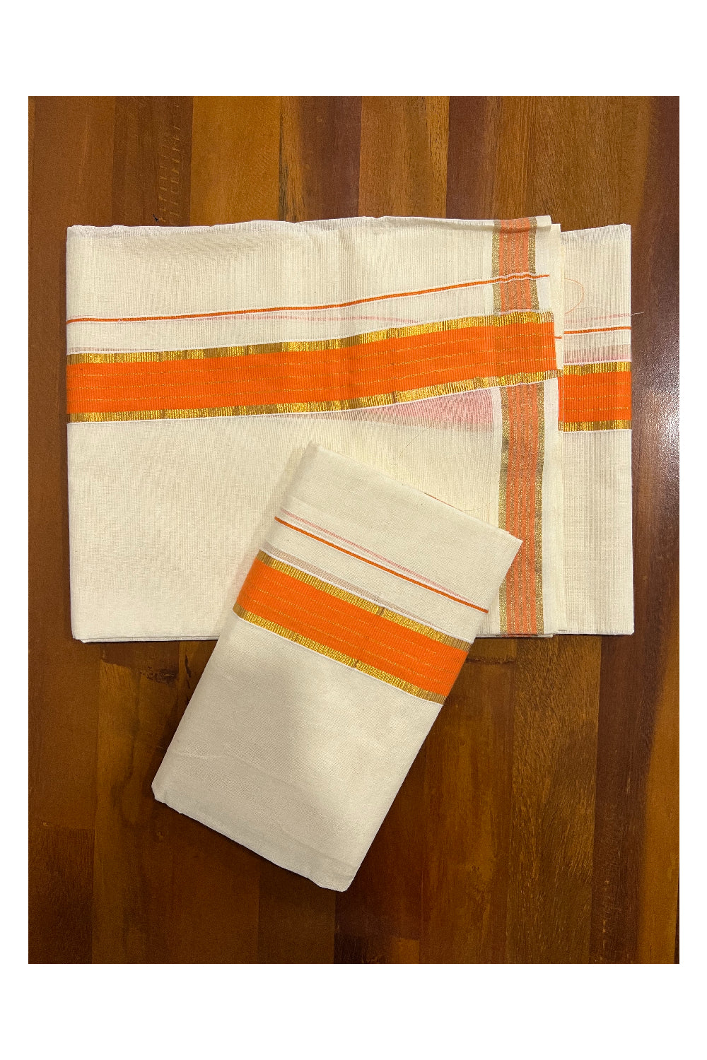 Kerala Cotton Mundum Neriyathum Single (Set Mundu) with Orange and Kasavu Border