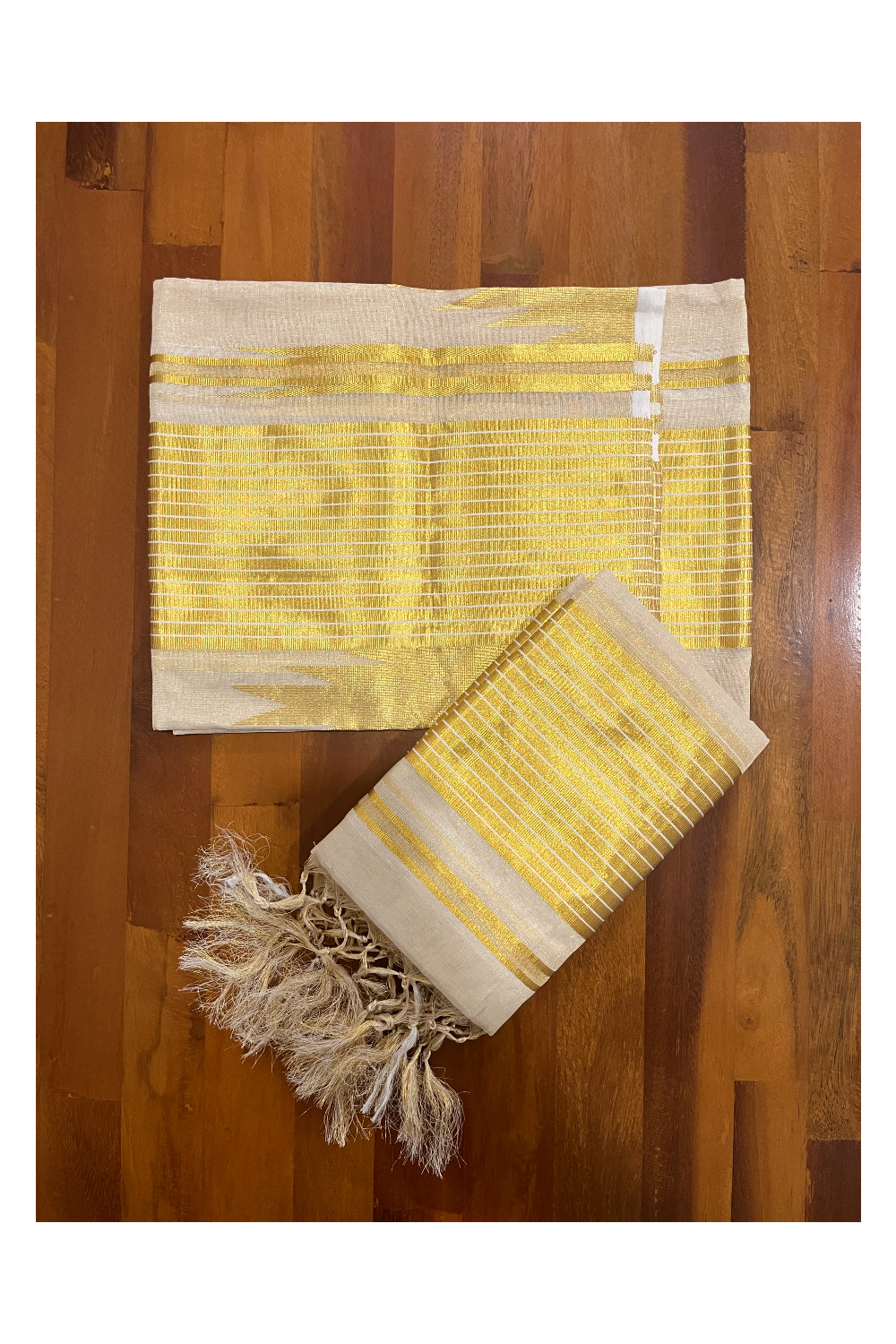 Southloom Handloom Premium Tissue Kasavu Set Mundu with Big Temple Border