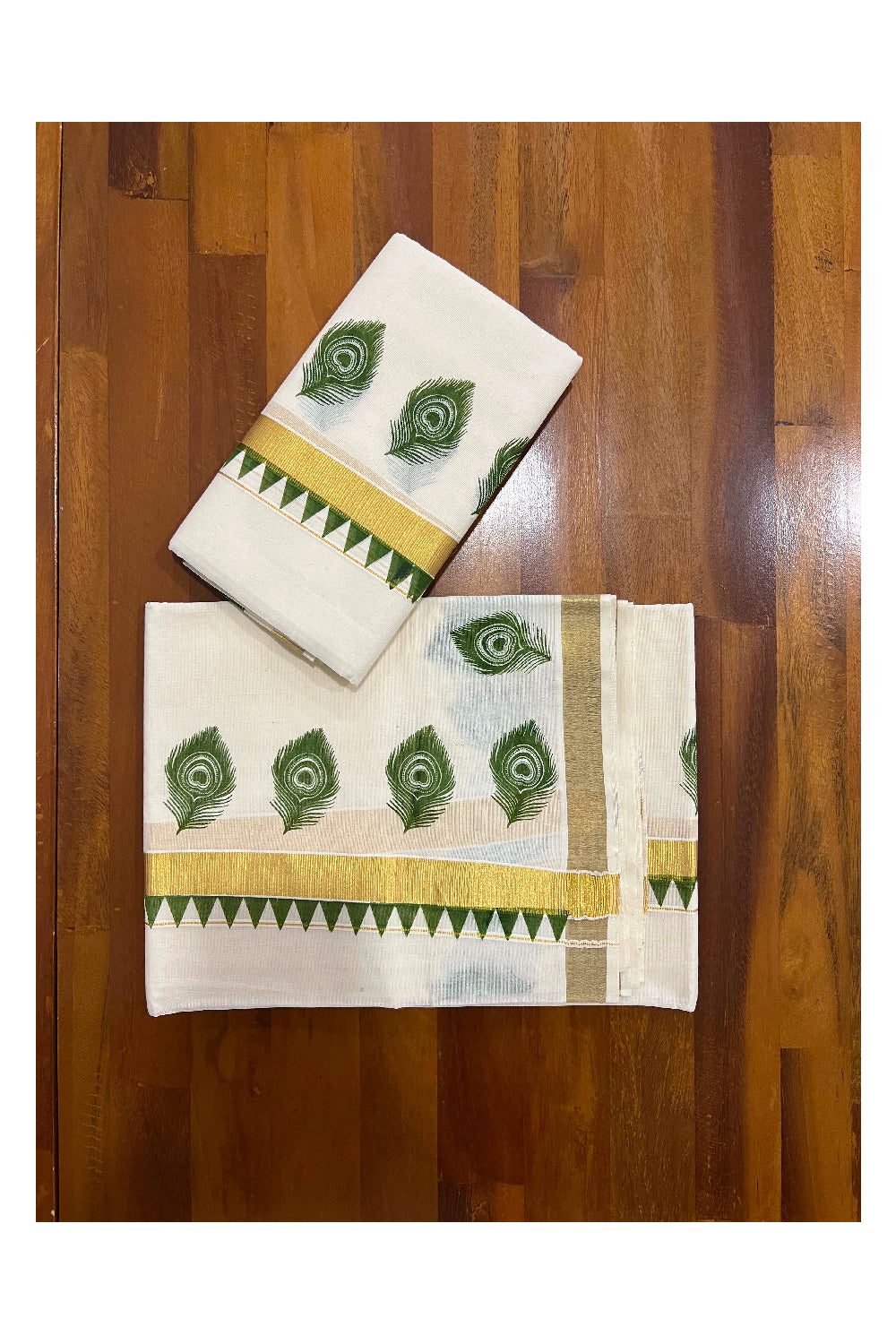 Cotton Kasavu Set Mundu (Mundum Neriyathum) with Green Block Feather Temple Prints on Border