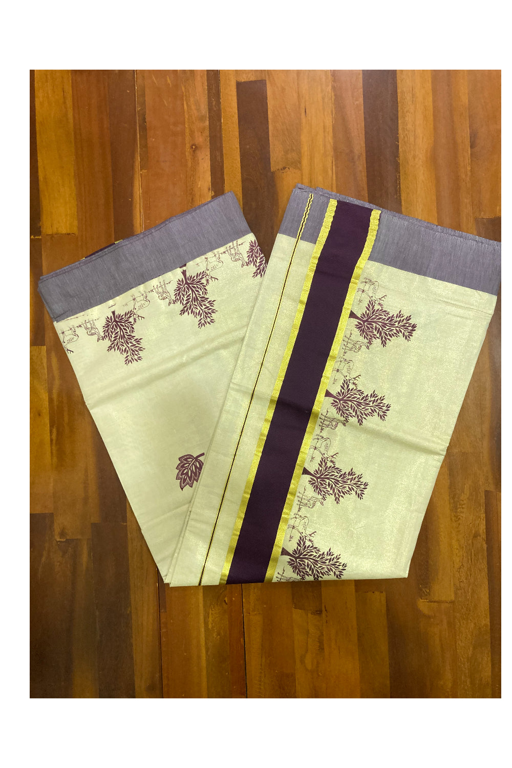 Kerala Tissue Kasavu Saree with Brown Block Prints