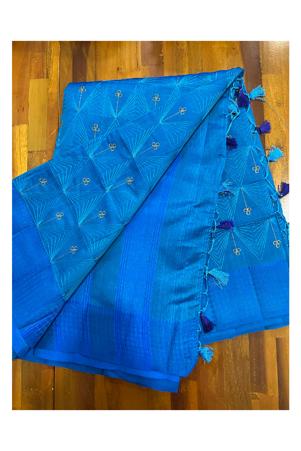 Southloom Blue Semi Silk Designer Thread Work Saree with Tassels on Pallu