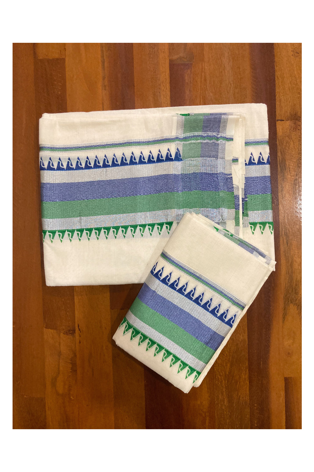 Cotton Silver Kasavu Set Mundu (Mundum Neriyathum) with Green and Blue Temple Border