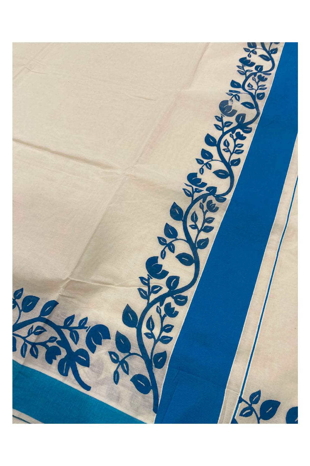 Southloom Original Design Kerala Saree with Blue Floral Vines Block Print