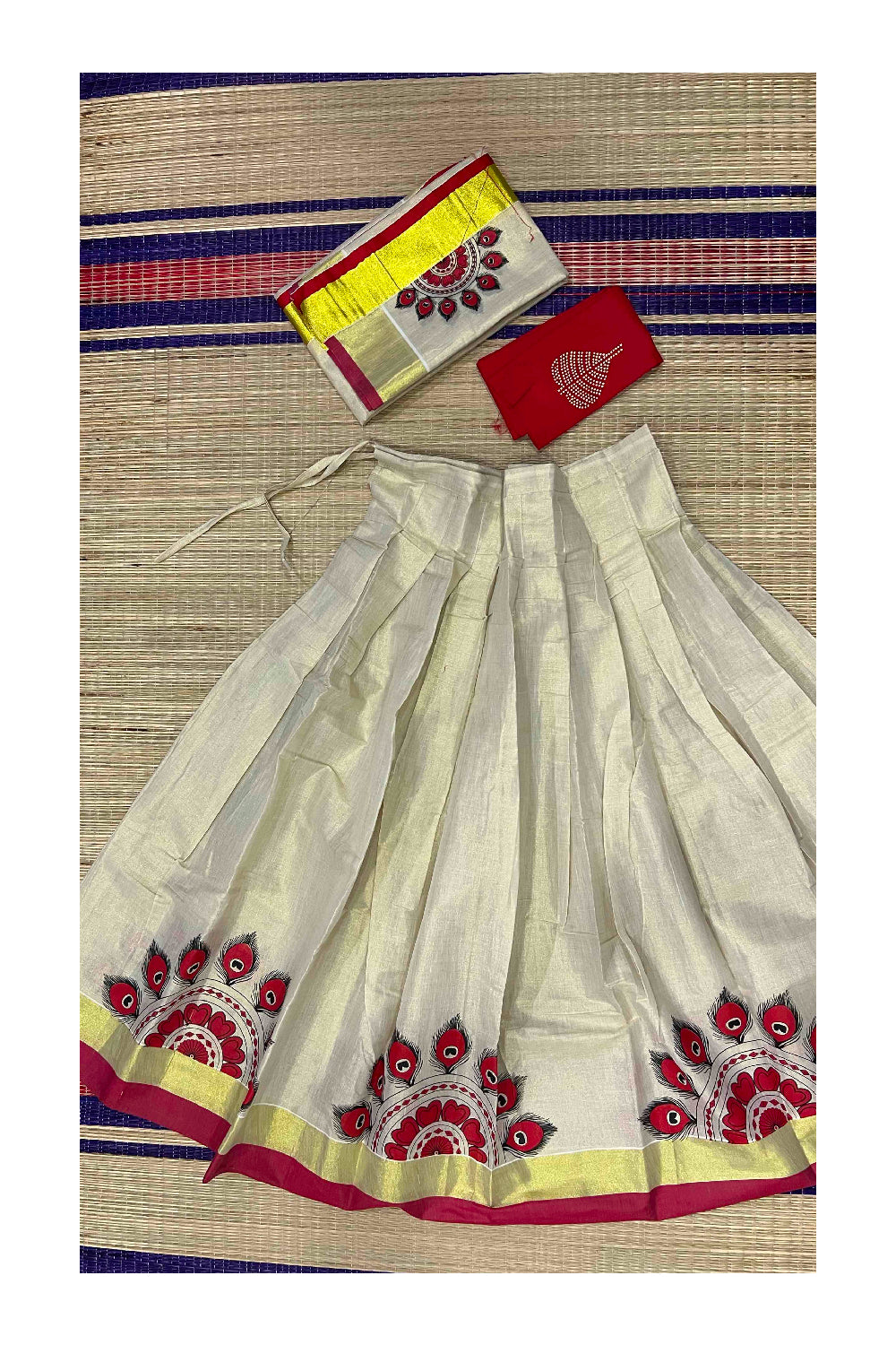 Kerala Tissue Semi Stitched Dhavani Set with Red Blouse Piece and Neriyathu with Mural Works