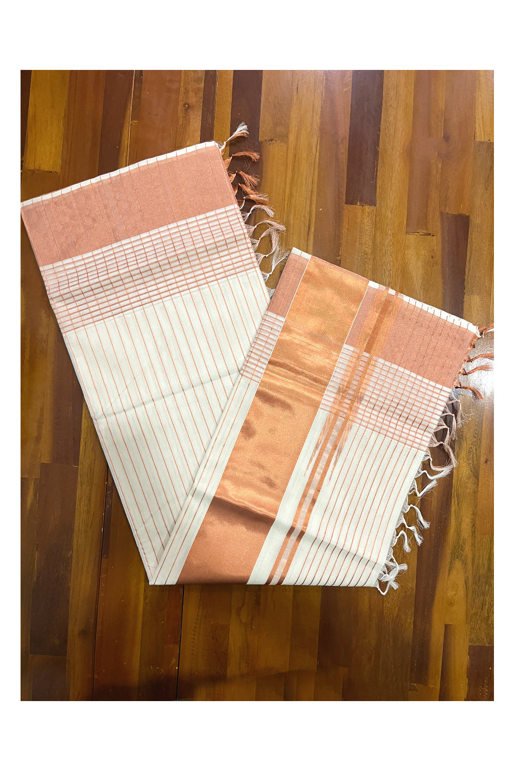 Southloom™ Handloom Kerala Premium Saree with Copper Kasavu Lines on Body