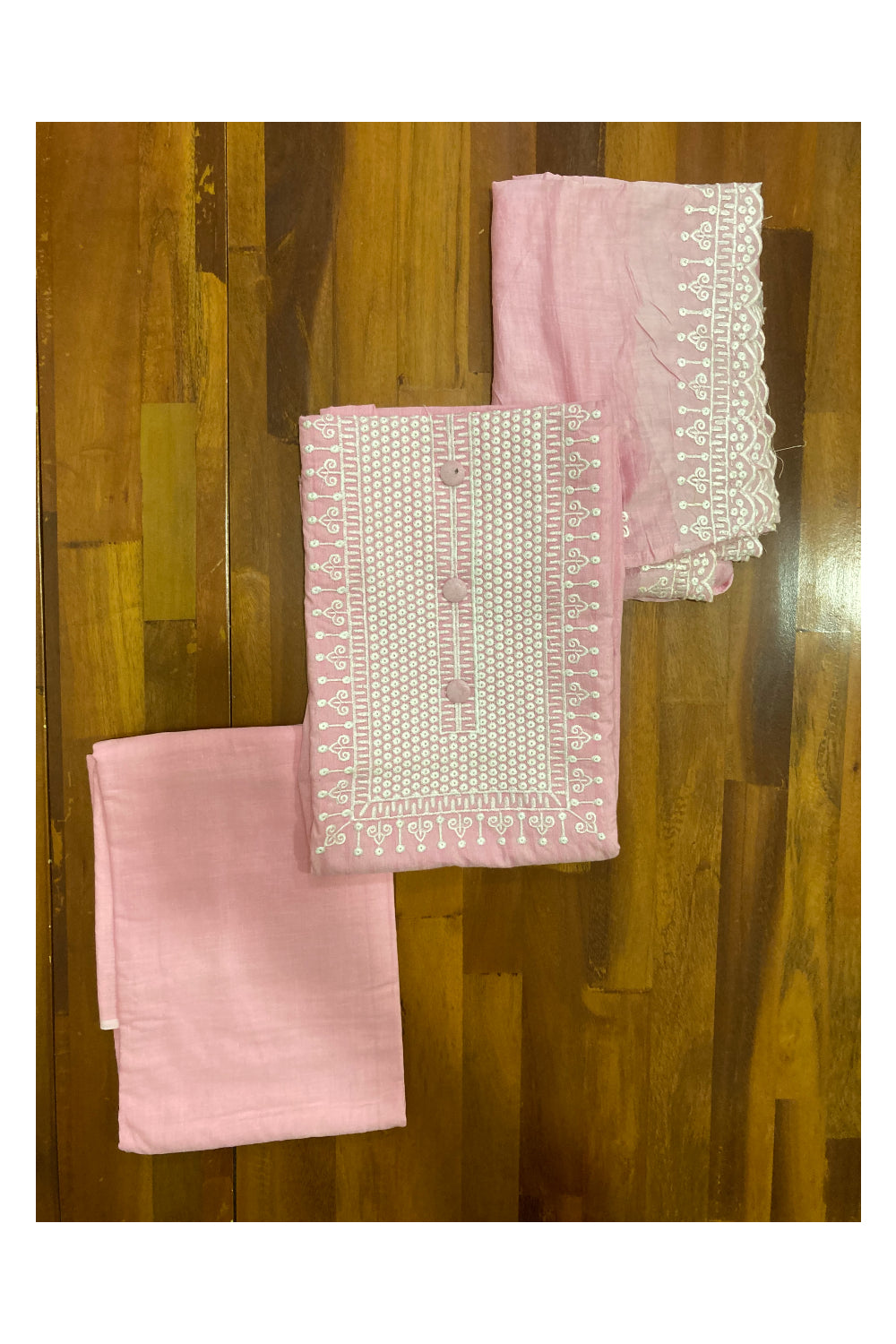 Southloom™ Cotton Churidar Salwar Suit Material in Pink with White Thread work Design