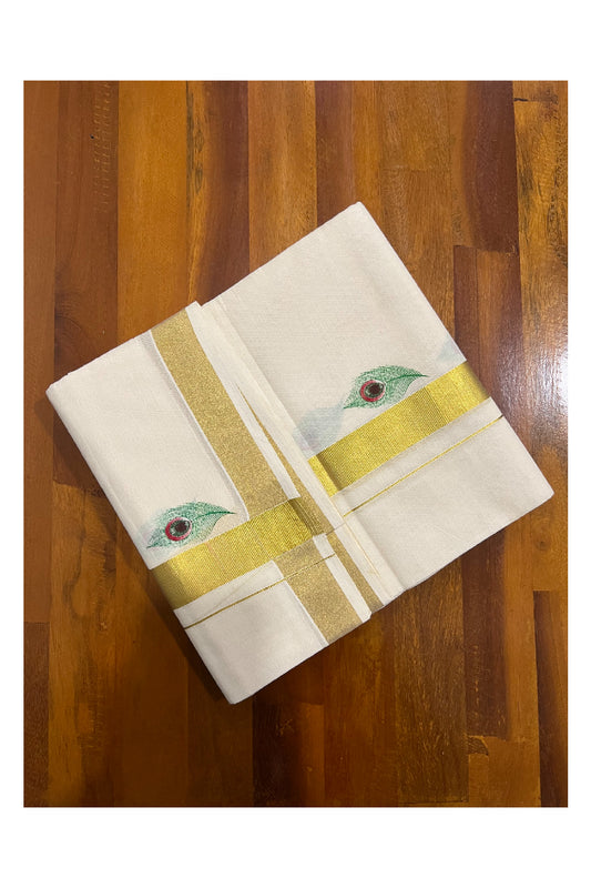 Off White Cotton Mundu with Mural Prints on Kasavu Kara (South Indian Dhoti)