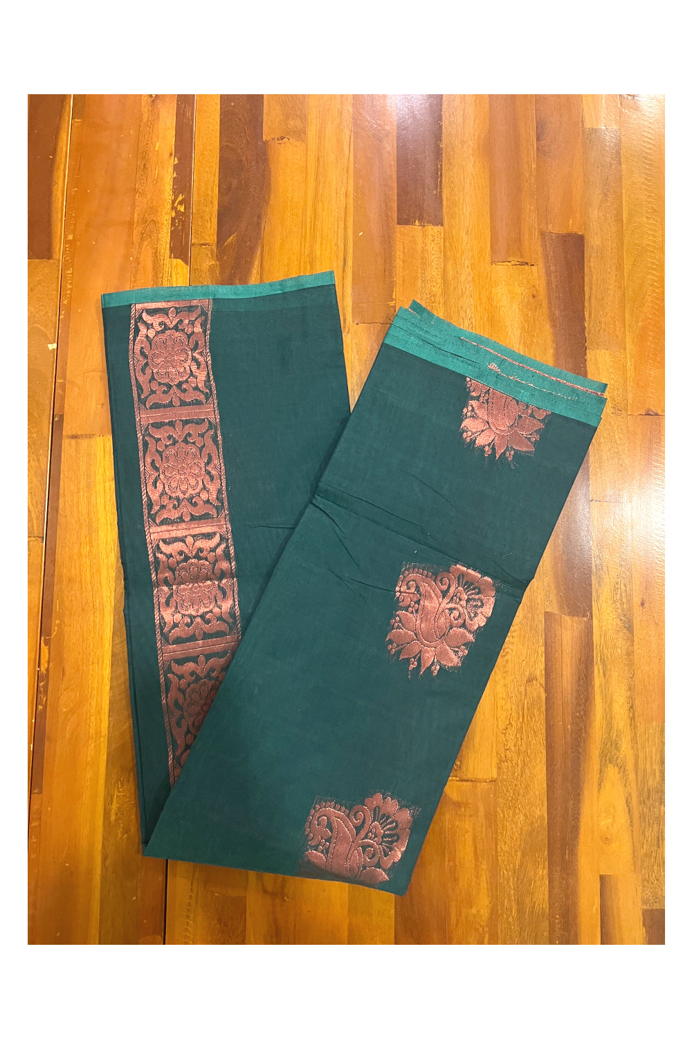 Southloom Dark Green Cotton Silk Saree with Copper Kasavu Woven Works on Body