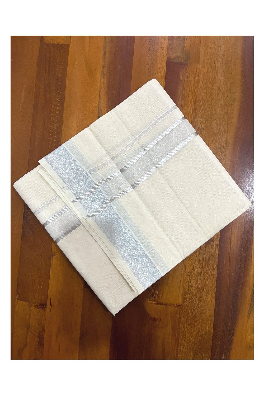 Pure Cotton Double Mundu with Silver Kasavu Kara (South Indian Kerala Dhoti)